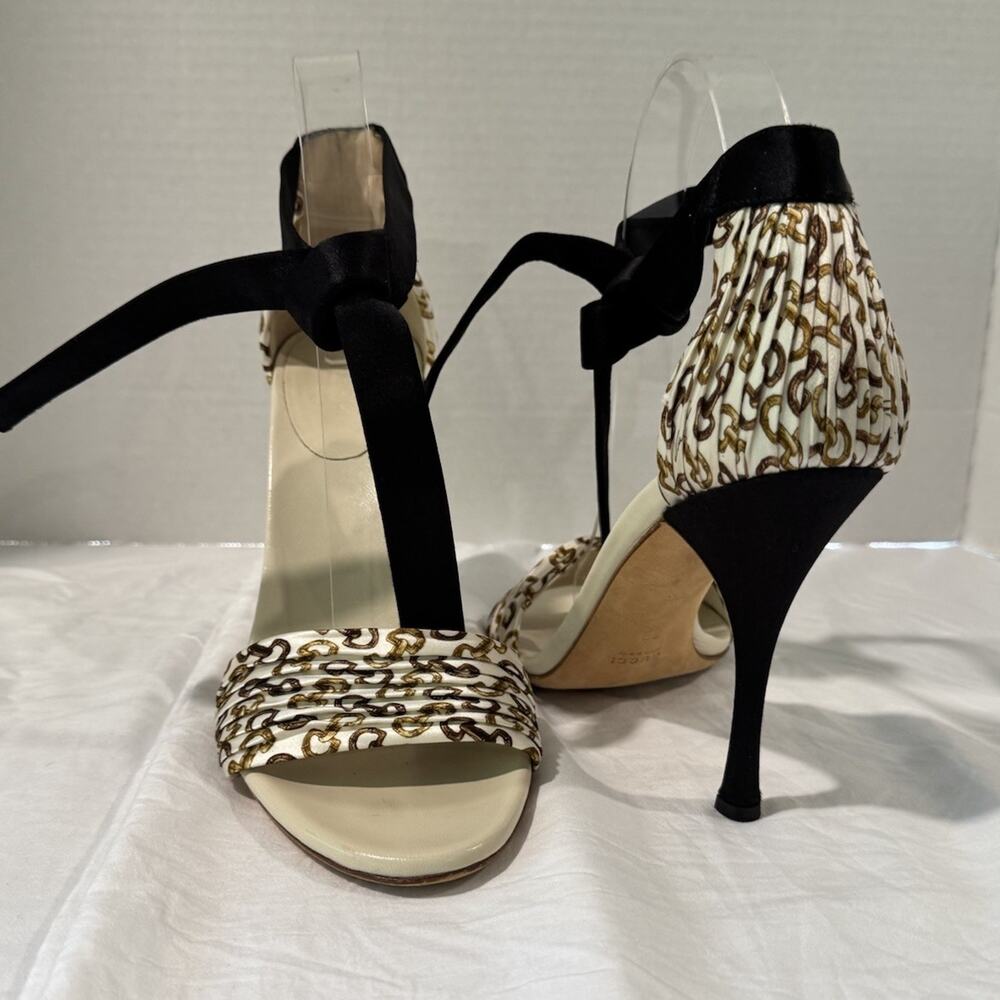 Gucci Pleated Silk Horse Bit Stiletto Sandal Black Satin Ankle Ribbon Tie Size 8